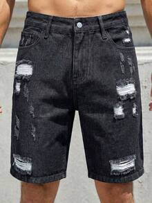 Manfinity Roughcore Men's Casual Ripped Straight Leg Blue Denim Shorts, Street Fashion For Spring/Summer - Black - View 6