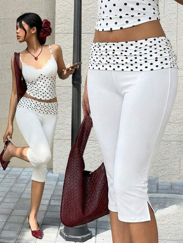 MainGRL White Polka Dot Side Slit Casual Slim Fit 7/8 Pants, Women, New Year Fashion, Casual Wear Women Summer 2 Pieces Sets