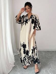 Elenzga 大码印花长款宽松优雅女装 - 杏色 - 查看 8