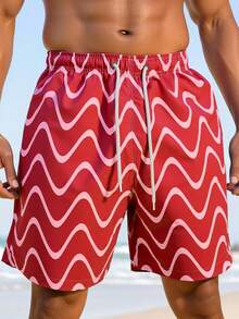 Manfinity Swimmode 男士波浪条纹印花抽绳腰带口袋沙滩短裤 男士配套泳裤 男士泳裤 男士沙滩装 男士泳裤短裤 男士泳裤，夏威夷红色泳裤 男士沙滩短裤 红色男士泳裤 - 紅色 - 查看 4