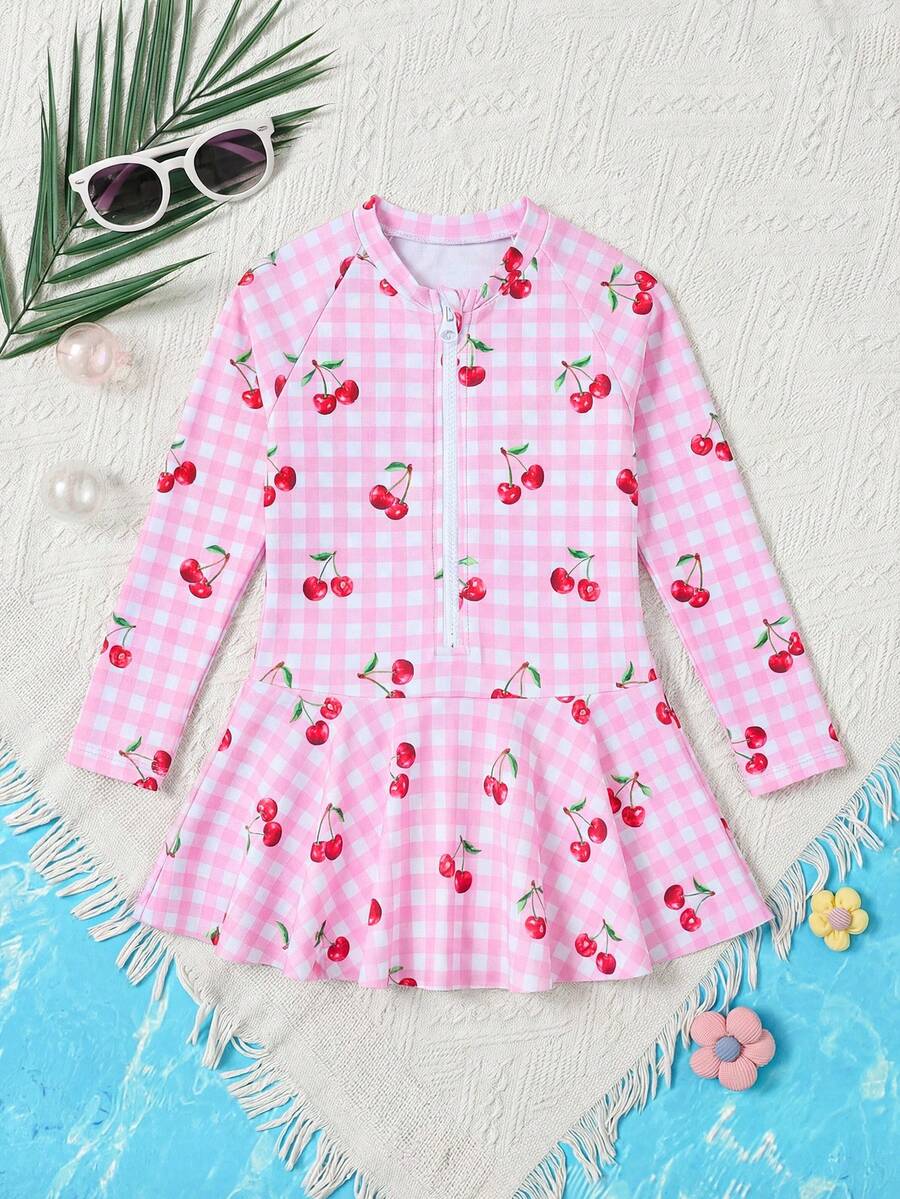 Emery Rose Kids Emery Rose Kids 女童樱桃格子印花拉链长袖连体泳衣 夏季假日 - 粉色 - 查看 1