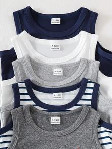 SHEIN Playful Pals 5件套休闲白色针织无袖背心，适合作为内搭，可用于户外活动、休闲穿着、旅行，适合6个月至3岁的男婴。 - 彩色 - 查看 8