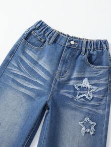 Quần jeans ống rộng cho bé gái, phong cách Y2K, màu xanh nhạt cổ điển, cạp cao, chun co giãn, ống suông rộng, thêu sao 3D, phù hợp cho các lễ hội âm nhạc, kỳ nghỉ, lễ tốt nghiệp, mặc hàng ngày, quần jeans đa năng thời trang mới cho bé gái. - Rửa tối - Xem 6