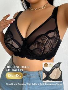 DesireSculpt 1 pieza Sujetador con aros y ajustable con encaje y parches para mujer de talla grande - Negro - Ver 1