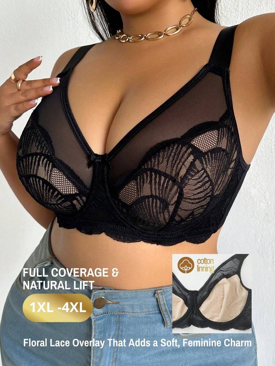 DesireSculpt 1 pieza Sujetador con aros y ajustable con encaje y parches para mujer de talla grande - Negro - Ver 1
