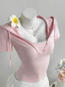 Elamini 女士休闲度假V领蕾丝边连帽修身抽绳短袖卫衣，适合夏季、情人节、度假、返校季穿着 - 粉色 - 查看 4