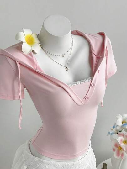 FavEase Women's Casual Vacation V-Neck Lace Trim Hooded Bodycon Drawstring Waist Short Sleeve Sweatshirt, Suitable For Summer, Valentine's Day, Vacation, Back To School