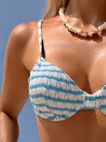 Swim Lushoire Set de 2 piezas de traje de baño de mujer con textura de tela para vacaciones en la playa, primavera/verano - Azul - Ver 6