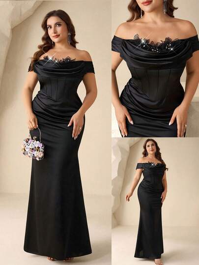 Coutiva Plus Size Solid Color Lace Patchwork Off-Shoulder Draped Formal Evening Gown Black Formal Evening Gown Off Shoulder Formal Dress Black Long Formal Dress Black Satin Dress Black Bridesmaid Dress Plus Size Strapless Black Dress Plus Size Black Party Dress Plus Size Long Formal Dress Plus Size Black Evening Gown Plus Size Off Shoulder Formal Dress Plus Size Black Formal Dress Curve Formal Evening Gown  Graduation Ceremony, School Opening, Music Festival, Birthday Party, Wedding, Afternoon Tea Gathering, Ball
