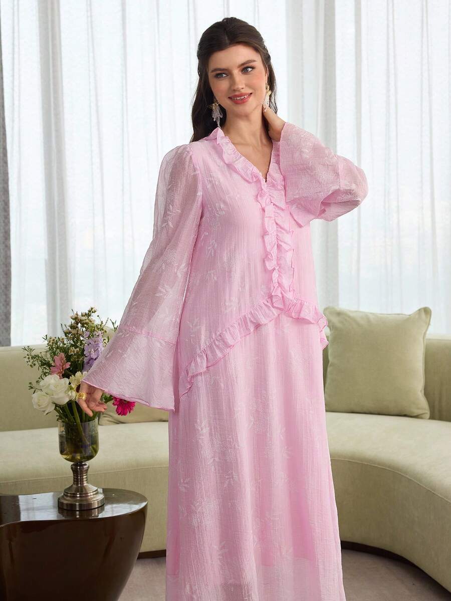 Yasmyna Women's V-Neck Ruffle Hem Casual Loose Party & Travel Dress - Pink - View 1