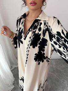 Elenzga 大码印花长款宽松优雅女装 - 杏色 - 查看 7