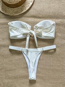 Swim Chiccia Springbreak 女士纯色抹胸金属装饰上衣和丁字裤比基尼两件套，简约夏季泳装 - 米色 - 查看 2