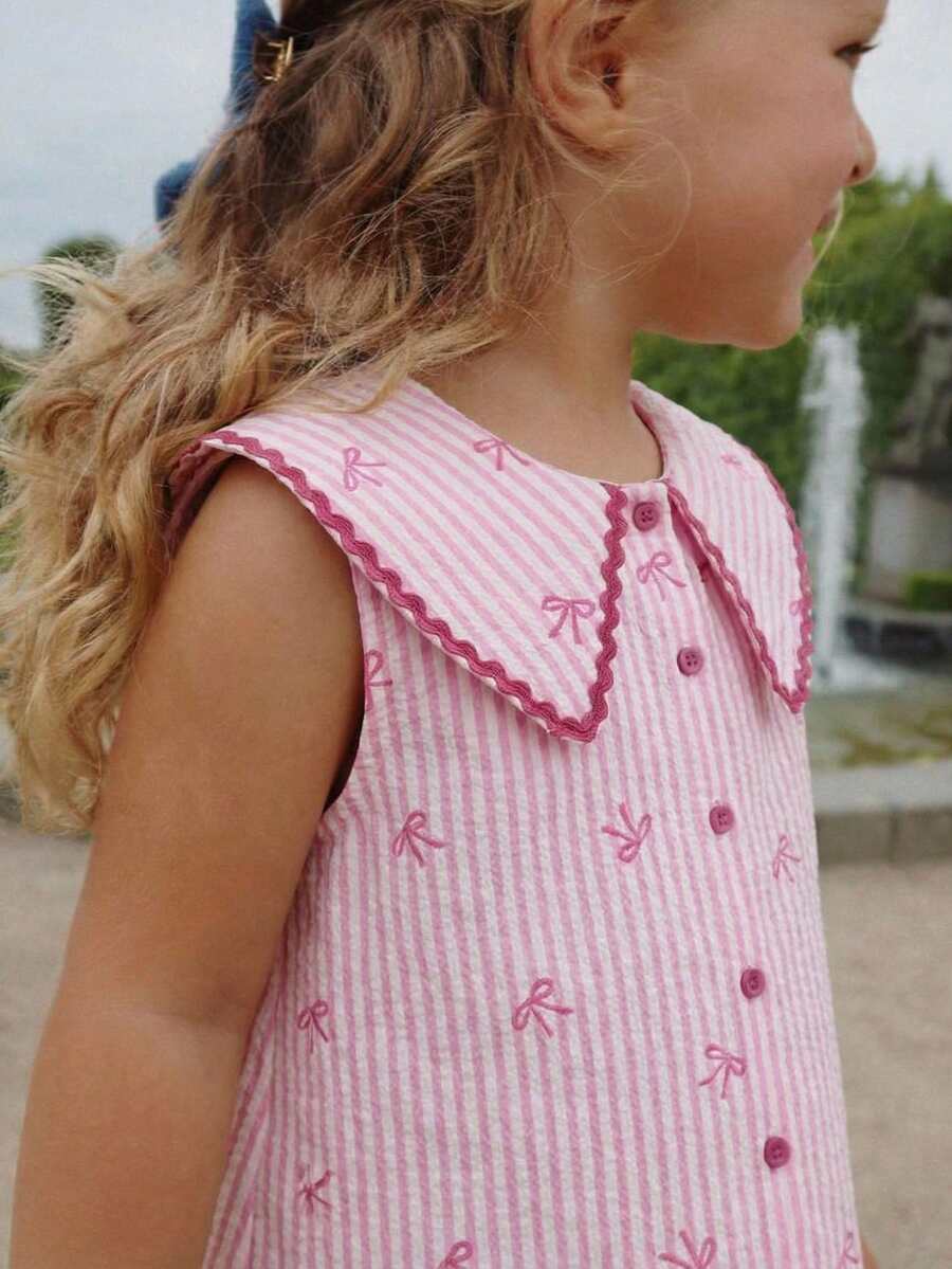 Emery Rose Kids Emery Rose Kids Young Girl Woven Peter Pan Collar Pink Striped Dress,Kids Summer White Bow Embroidered Sailor Dress,Casual Children Clothes,Seashell Cherry Fashion - Pink - View 1