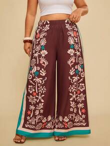 Travachic Plus Size Women's Burgundy Floral Print Wide Leg Pants With Pockets,Loose Casual Autumn Boho Trousers For Vacation,Holiday,Tropical Resort Wear - Multicolor - View 1