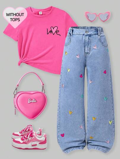 SHEIN ChillGRL Jeans anchos de pierna ancha con lavado de nieve, estilo Y2K, con bordados para niña preadolescente. Bordados de corazones de colores, pantalones anchos y sueltos de uso casual, color azul claro, adecuados para Navidad, Año Nuevo, Día de San Valentín, uso diario y escuela