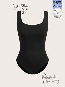 SHEIN BASICS 95%纯棉女士纯色方领休闲连体衣，优雅百搭，适合夏季骑行、瑜伽运动、居家休闲、可爱校园穿搭、复古甜美风、Z世代运动装，四季皆宜。 - 彩色 - 查看 1