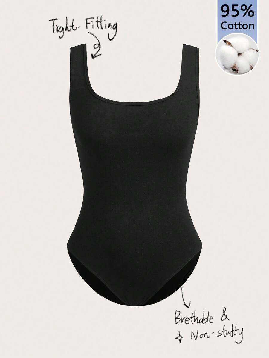 SHEIN BASICS 95%纯棉女士纯色方领休闲连体衣,优雅百搭,适合夏季骑行、瑜伽运动、居家休闲、可爱校园穿搭、复古甜美风、Z世代运动装,四季皆宜。 - 彩色 - 查看 1