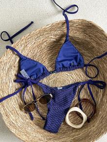 Elavelle Women's Textured Beaded Halter Bikini Set, Spring/Summer Holiday - Blue - View 3