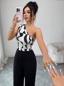 Elenzga Women's 2026 Spring/Summer New Geometric Print Bodycon Jumpsuit - Black - View 3