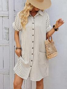 EMERY ROSE 女士条纹印花口袋休闲短袖衬衫裙 - 彩色 - 查看 3
