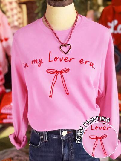 DrmWander Casual Bow & Letter Print Long Sleeve T-Shirt For Women