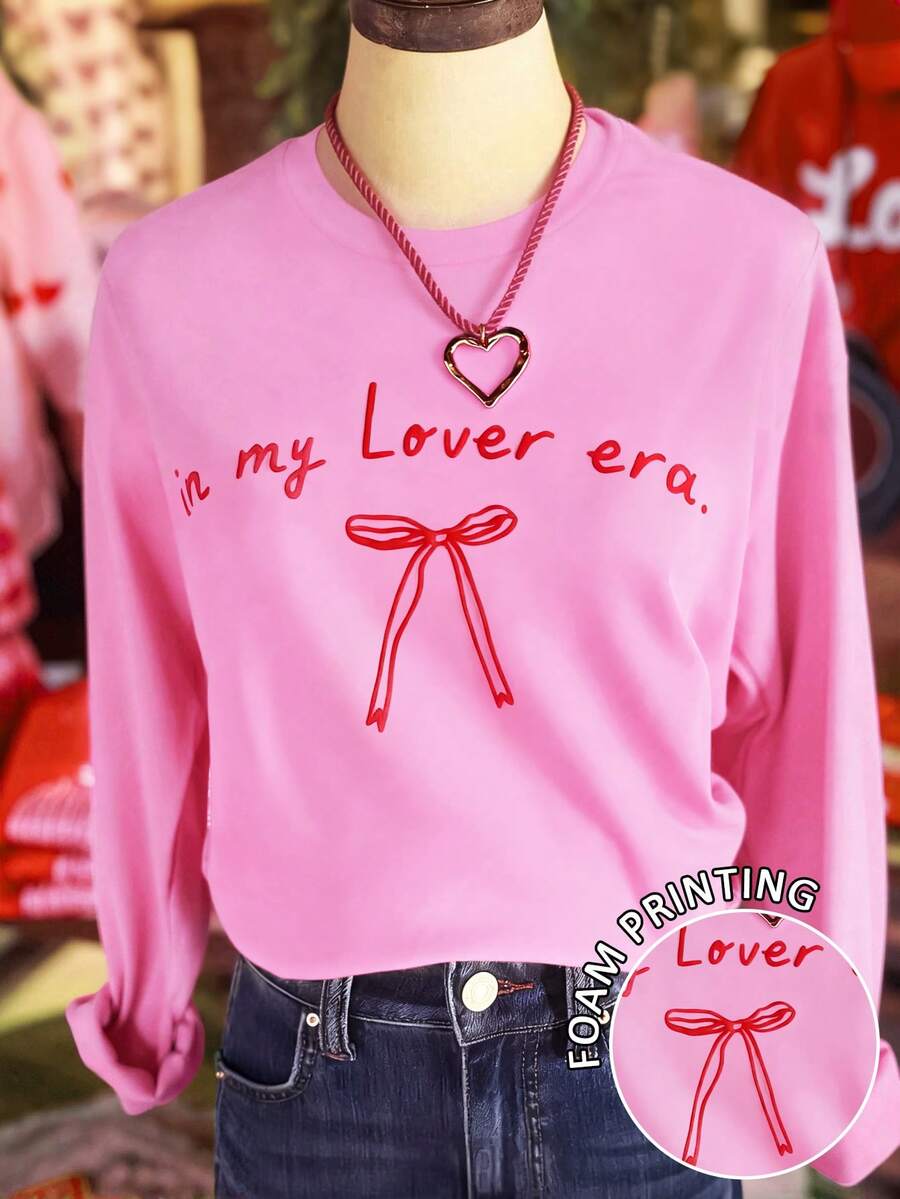 DrmWander Casual Bow & Letter Print Long Sleeve T-Shirt For Women - Pink - View 1