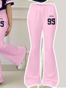 SHEIN 2-Piece Navy Blue & Neon Pink Contrast Color Graphic Tee & Wide Leg Pants Set, Casual Loose Fit Short Sleeve Round Neck T-Shirt And Flared Pants Outfit, Suitable For Spring/Summer Daily Wear, Street Style, Outings, Home, Vacation, Homecoming, Back To School - Multicolor - View 5