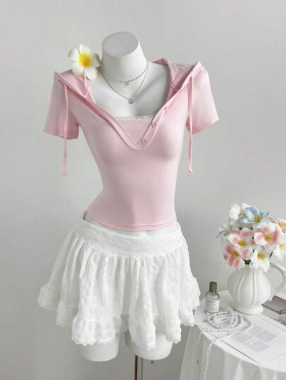 FavEase Women's Casual Vacation V-Neck Lace Trim Hooded Bodycon Drawstring Waist Short Sleeve Sweatshirt, Suitable For Summer, Valentine's Day, Vacation, Back To School