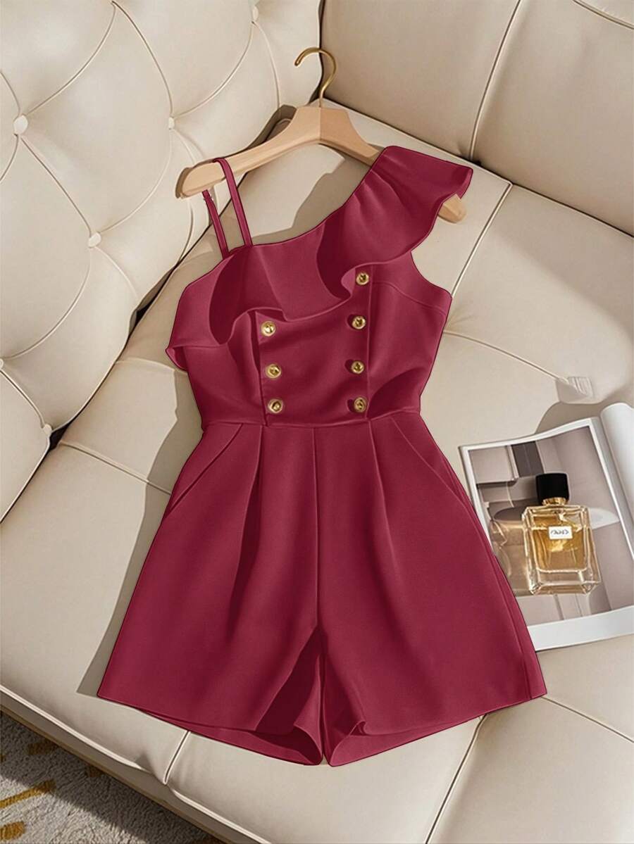 Franclia Elegant Commuter Ruffled Asymmetric Collar Romper, Summer Cute Romper Women Ruffle Romper Short Jumpsuit Dress Romper Romper Jumpsuit - Burgundy - View 1