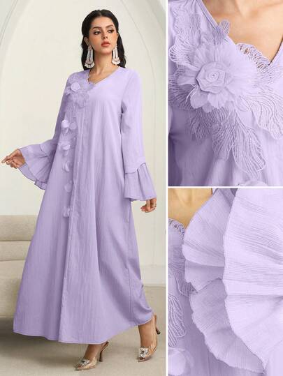 Al Najma Đầm xòe dài tay dáng rộng, cổ chữ V, họa tiết hoa 3D, thanh lịch dành cho nữ.