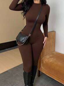 INAWLY Solva 女式纯色长袖休闲 T 恤和配套紧身连身裤，秋季 - 咖啡棕 - 查看 1