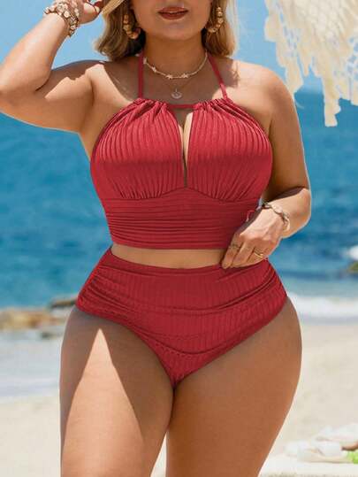 Swim Lushoire 2026 New Basic Solid Color & Striped Textured Fabric Plus Size Swimsuit Set, Suitable For Beach Vacation