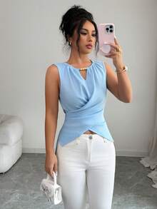 Selianne Elegant Criss-Cross Wrap Tie Waist Sleeveless Tank Top - Blue - View 1