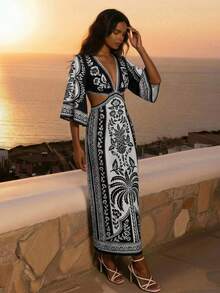 CAJUNI 女士菠萝印花露腰深V领长袖性感时尚连衣裙，度假款 - 黑與白 - 查看 5