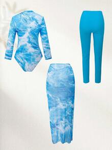 Swim Mulvari Blue & White Long Sleeve, Long Pants, Skirt 3-Piece Starfish & Wave Print Casual Beach Swimwear For Women, Spring/Summer - Blue and White - View 2