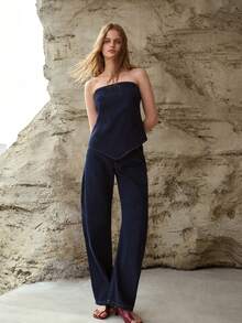 MOTF PREMIUM Top tubo de denim, ropa urbana casual para primavera/verano - Azul lavado medio - Ver 1