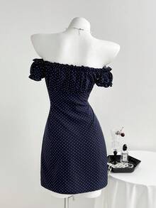 Elamini 女士舒适方领波点印花短袖A字迷你连衣裙，适合度假、海滩、休闲穿着、野餐和约会。波点连衣裙，复古连衣裙，女士夏季服装，波点连衣裙，复古风格连衣裙，女士服装，波点露肩上衣，露肩上衣，可爱上衣，波点上衣 - 藏蓝色 - 查看 2