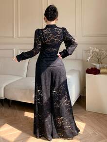 DAZY Elegant Black Floral Autumn Party 2-Piece Outfit,Flocked Ditsy Floral Chiffon Blouse Cardigan & Straight Leg Lace Pants Set,Formal Wedding Occasion - Black - View 8