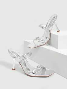 CUCCOO SZL 女士鞋履 春夏新款银色方头细高跟水钻搭扣高跟凉鞋 时尚舒适 百搭性感派对女凉拖鞋 - 銀色 - 查看 1