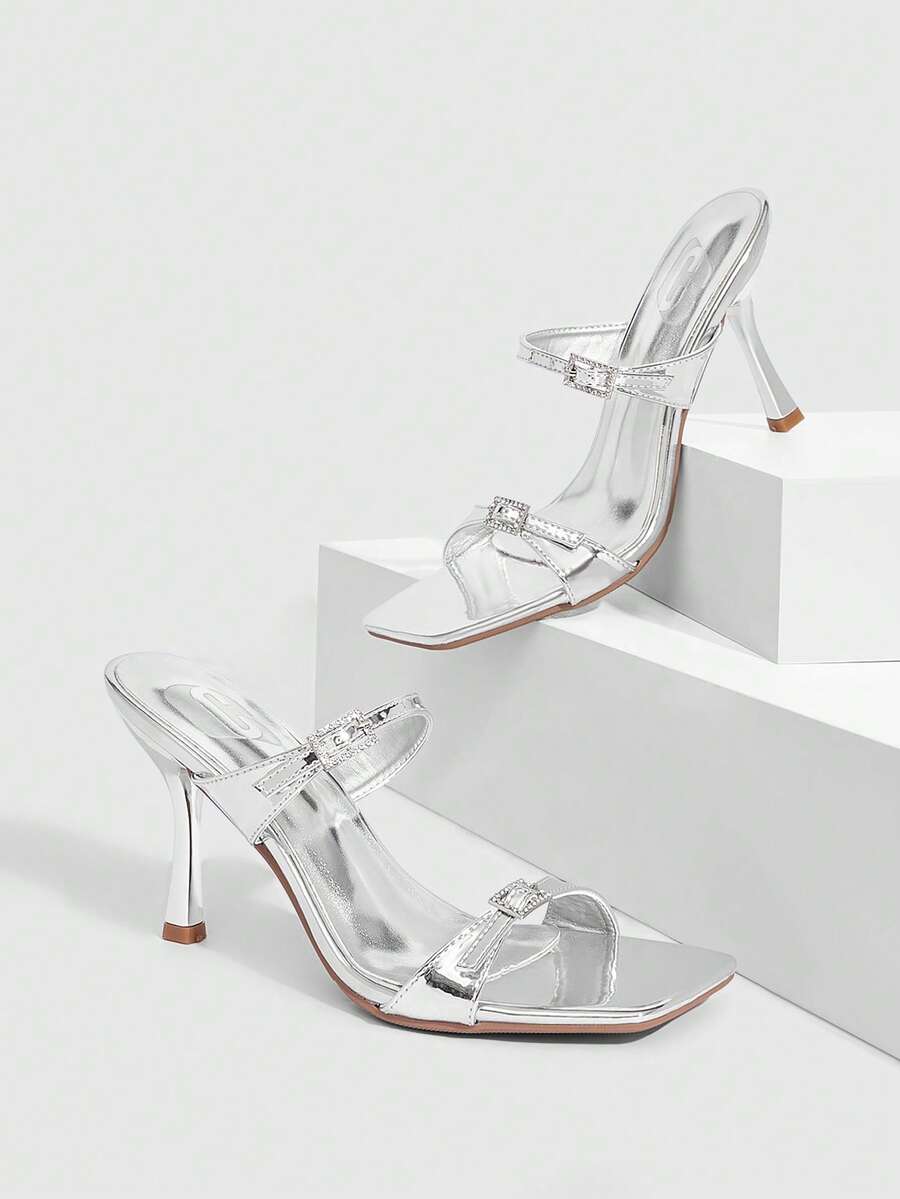 CUCCOO SZL 女士鞋履 春夏新款银色方头细高跟水钻搭扣高跟凉鞋 时尚舒适 百搭性感派对女凉拖鞋 - 銀色 - 查看 1