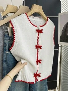 Franclia Áo khoác len dệt kim nhiều lớp phối màu tương phản kiểu Hàn Quốc mới dành cho nữ, áo cardigan không tay thời trang và trẻ trung, áo cardigan dệt kim hở nghệ thuật cho mùa thu/đông, áo len gile cho nữ, áo kiểu Trung Quốc, áo dây xích, áo sơ mi họa tiết hoa anh đào, áo len trắng, áo len viền đỏ, áo len gile không tay cho nữ. - Đỏ và trắng - Xem 9