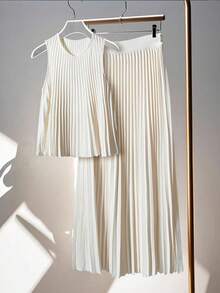 Franclia Set de 2 piezas de top sin mangas de unicolor con pliegues y falda para mujeres - Blanco - Ver 3