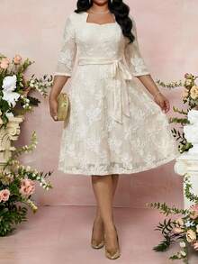 Fleurora White Summer Elegant Bachelorette Party Wedding Bridal Midi Dress,Plus Size Women Floral Embroidery Textured Asymmetrical Neck Belted 3/4 Sleeve Dress - Beige - View 6
