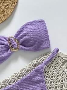 Swim Chiccia 春假女士沙滩装夏季套装，女士纯色提花面料无肩带金属装饰性感比基尼套装 - 紫色 - 查看 5