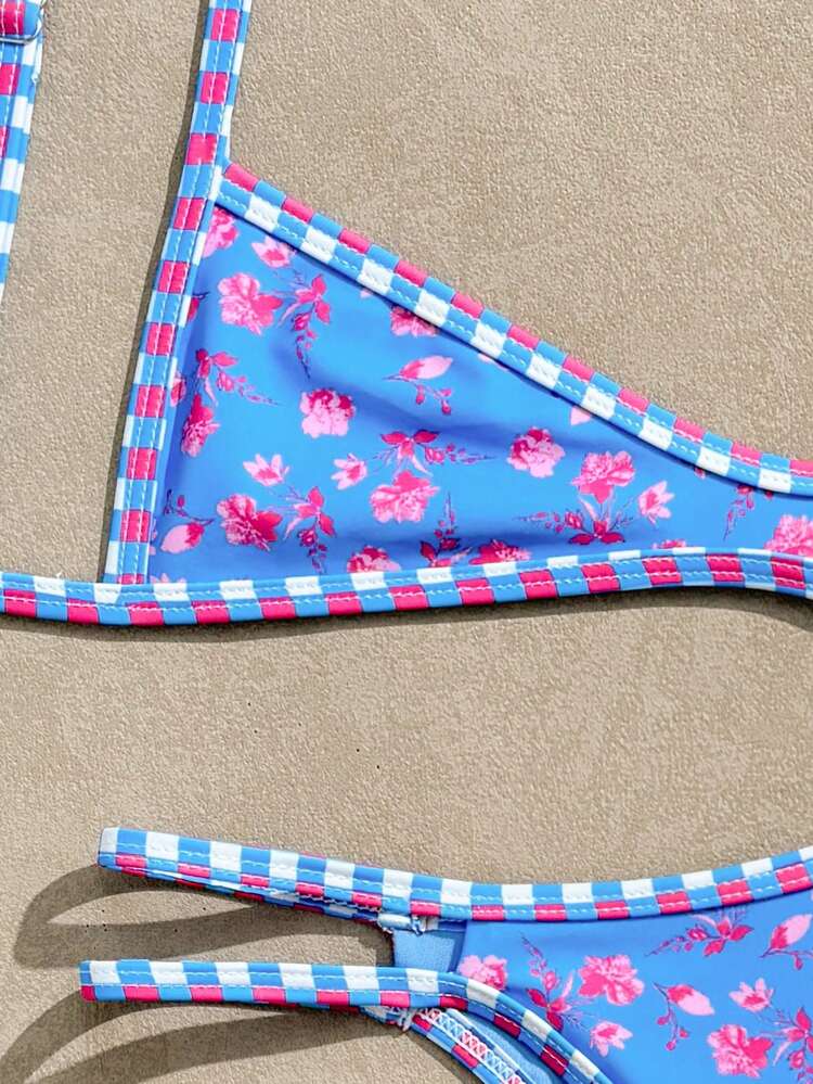 Swim Mod Women's Blue Floral Bikini Set,Sweet Contrast Plaid Fringe Reversible Two Pieces Swimwear,Tie-Side Thong,Summer,Casual,Holiday,Vacation,Holiday Beach - Multicolor - View 5