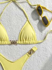 Swim Mod Solid Color Triangle Bikini Halter Tie Swimwear, Sexy Separates Set For Summer - Yellow - View 8