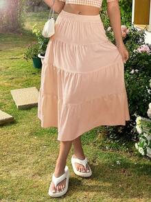 Sunnyshic Váy xòe nữ màu trơn, cạp chun, kiểu dáng thường ngày, thích hợp cho kỳ nghỉ. - Hồng - Xem 5