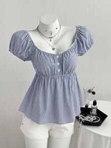 Elamini 女士蓝色舒适方领条纹短袖衬衫，适合海滩度假，休闲百搭，夏季女士休闲穿搭单品 - 藍色 - 查看 6