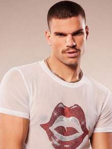 FeverCity Men's Rhinestone Lip Print Round Neck Short Sleeve T-Shirt - White - View 6
