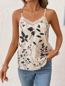 Camiseta de verano con estampado de plantas y encaje para mujer, atuendo de vacaciones, camiseta suelta, elegante y cómoda para salir en verano - Negro - Ver 3
